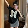 White Bow Printed Women's T-shirt Black Round Neck Short Sleeved Women's Tees Korean Style Summer New Version Loose Female Top