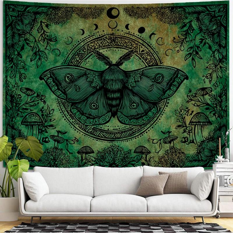 Luna Moth Tapestry, Witchy Print with Moon Phases, Mushrooms & Botanical Details, Green Wall Hanging for Bedroom, Occult Decor