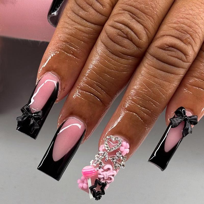

Handmade Long Black Stone French Edge & Pink Star Rhinestone Fake Nails