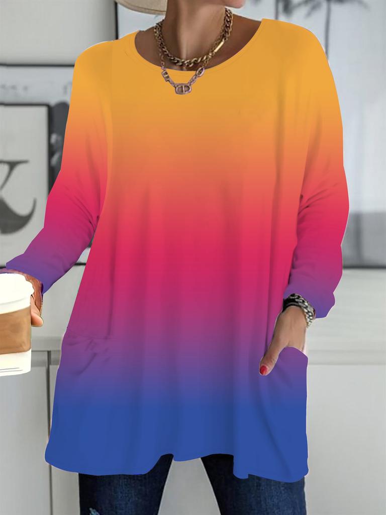 2025 Autumn Winter New Plus Size Women's Tops, Gradient Color 3D Print Fashion Crew Neck Long Sleeve T-Shirts