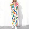 Women Plus Size Floral Printed Scrub Set Cutout Neck Short Sleeve Pocket Top Long Pants Two Piece