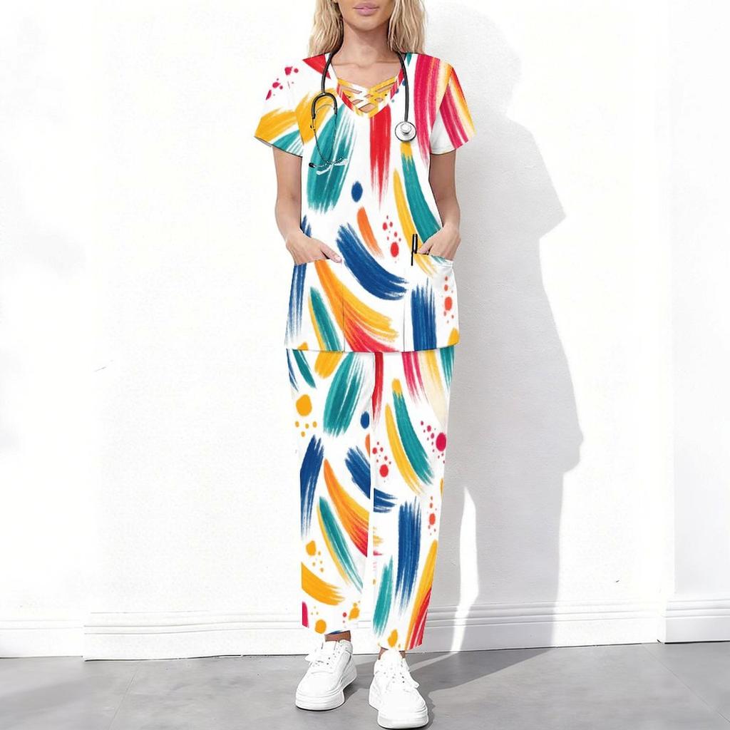 Women Plus Size Floral Printed Scrub Set Cutout Neck Short Sleeve Pocket Top Long Pants Two Piece