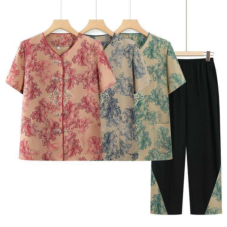 Elderly Women's Chinese Style Short Sleeve Shirt & Pants Set