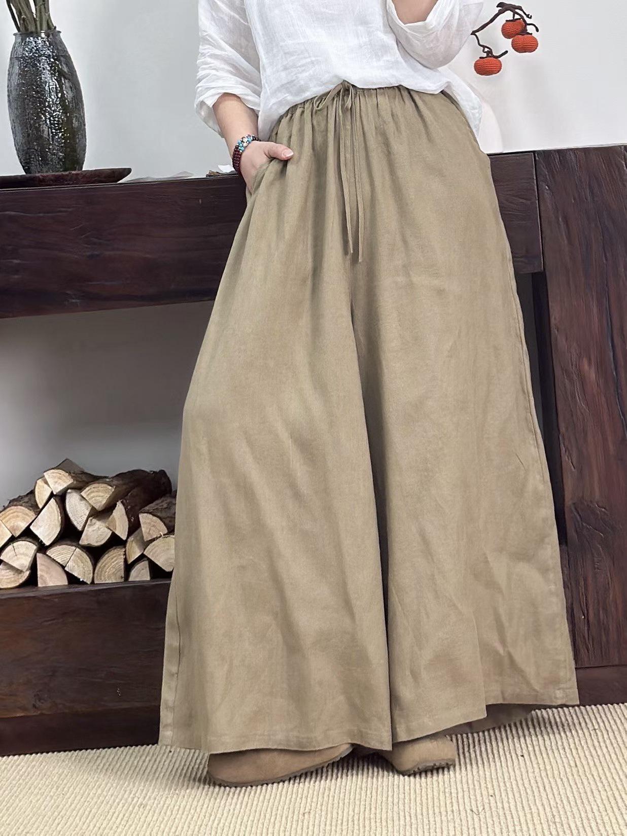 2026 Artistic Retro Linen Wide-Leg Elastic Waist Skirt Pants for Women – Loose Fit, Plus Size, Spring Collection One Size