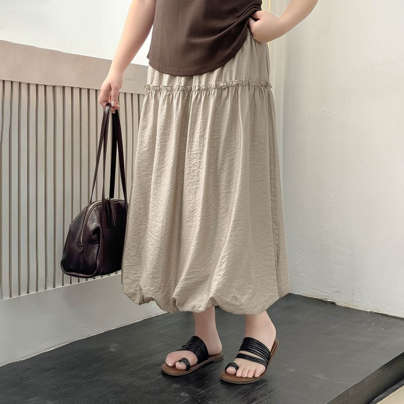 

Plus size women clothing [Gentle Flower Bud Skirt] Texture Double-Layer Lace Patchwork Elastic High Waist Belly Covering Half-Length Skirts Taupe 6XL