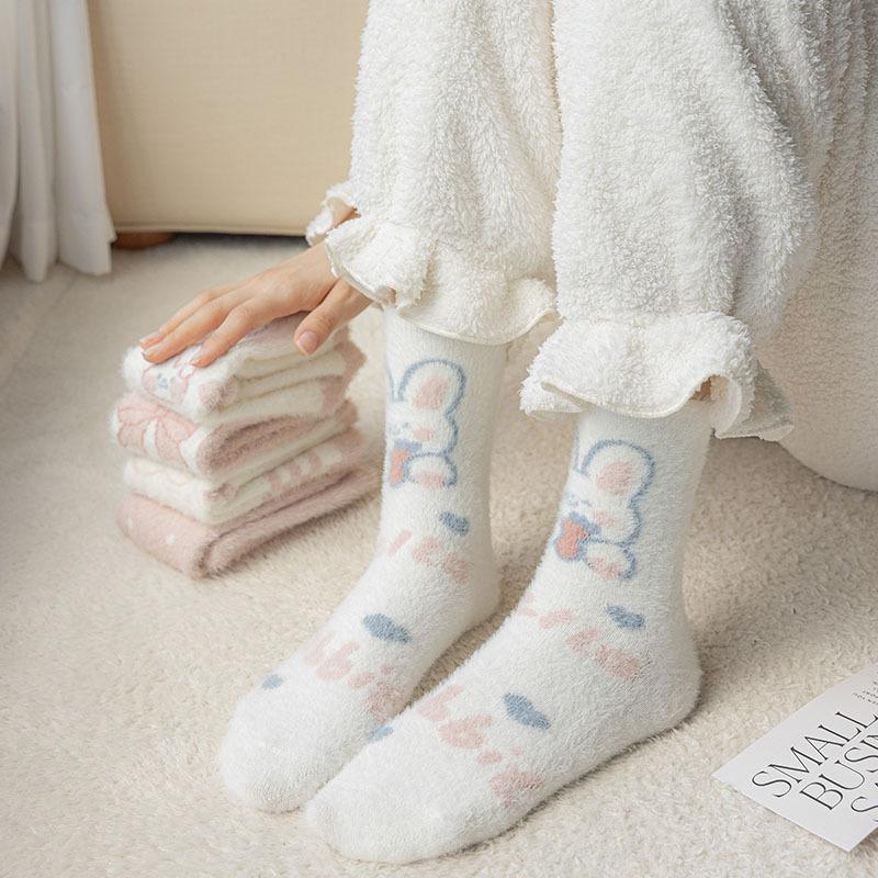 Șosete roz dulce cu iepurași și fundă, imitație nurcă, iarnă, pluș, calde, de casă, pentru dormit, ins japonez, desene animate, drăguțe, cu blană, șosete tub