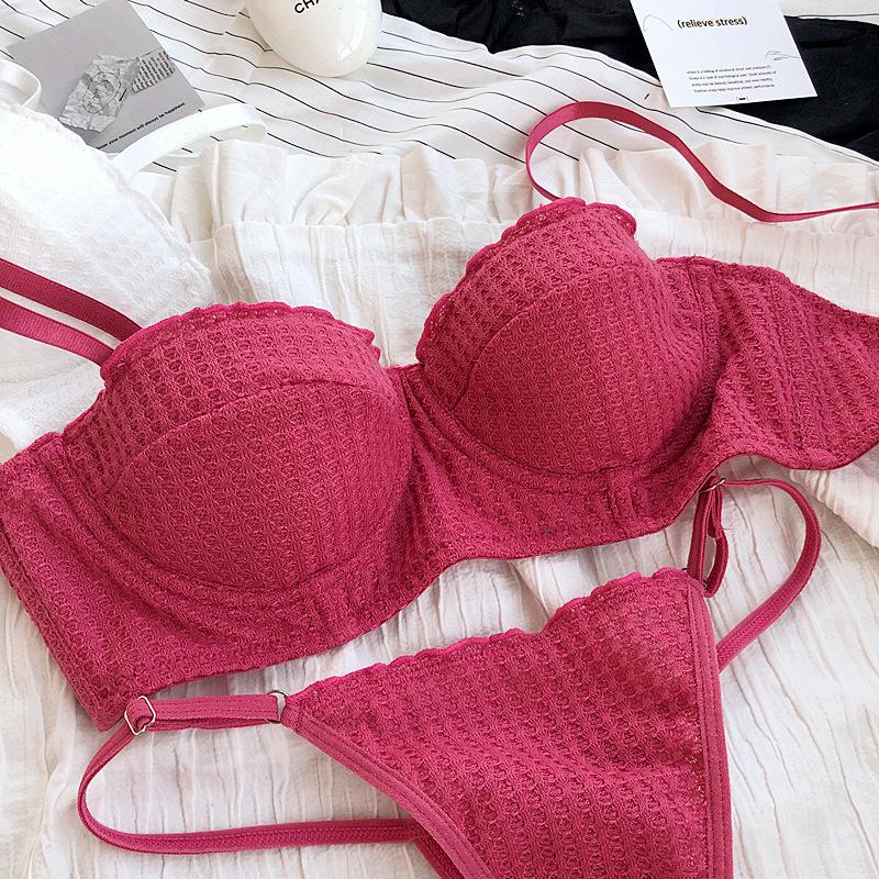 New 6 Color Women Cotton Underwear French Sexy 1/2 Cup Push Up Bra Set Fashion Fluorescent Summer Lace Bra and Thongs Lingerie