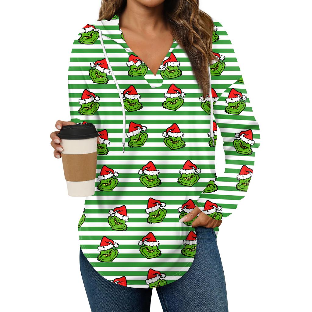 Women's Fashion Hoodies V Neck Long Sleeve Christmas Printed Drawstring Casual Loose Pullover Tops