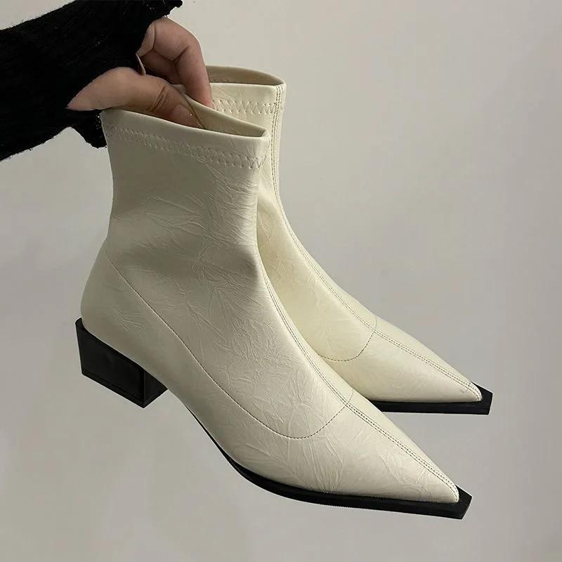 Fashion Women Pointed Ankle Boots Mid Heels Pointed Leather Sexy Chelsea Boots Trend Design Winter New Pumps Designer Short Botas Mujer