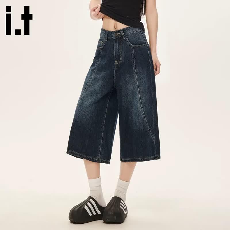 :CHOCOOLATEit Women's Retro Blue Wide-Leg Capri Jeans
