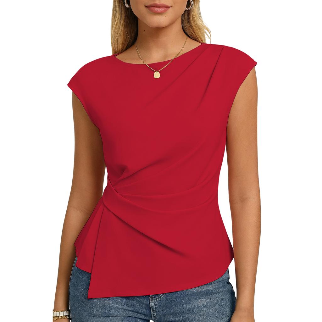 Lässiges Damen-Top, einfarbig, plissiert, Rundhalsausschnitt, Kurzarm