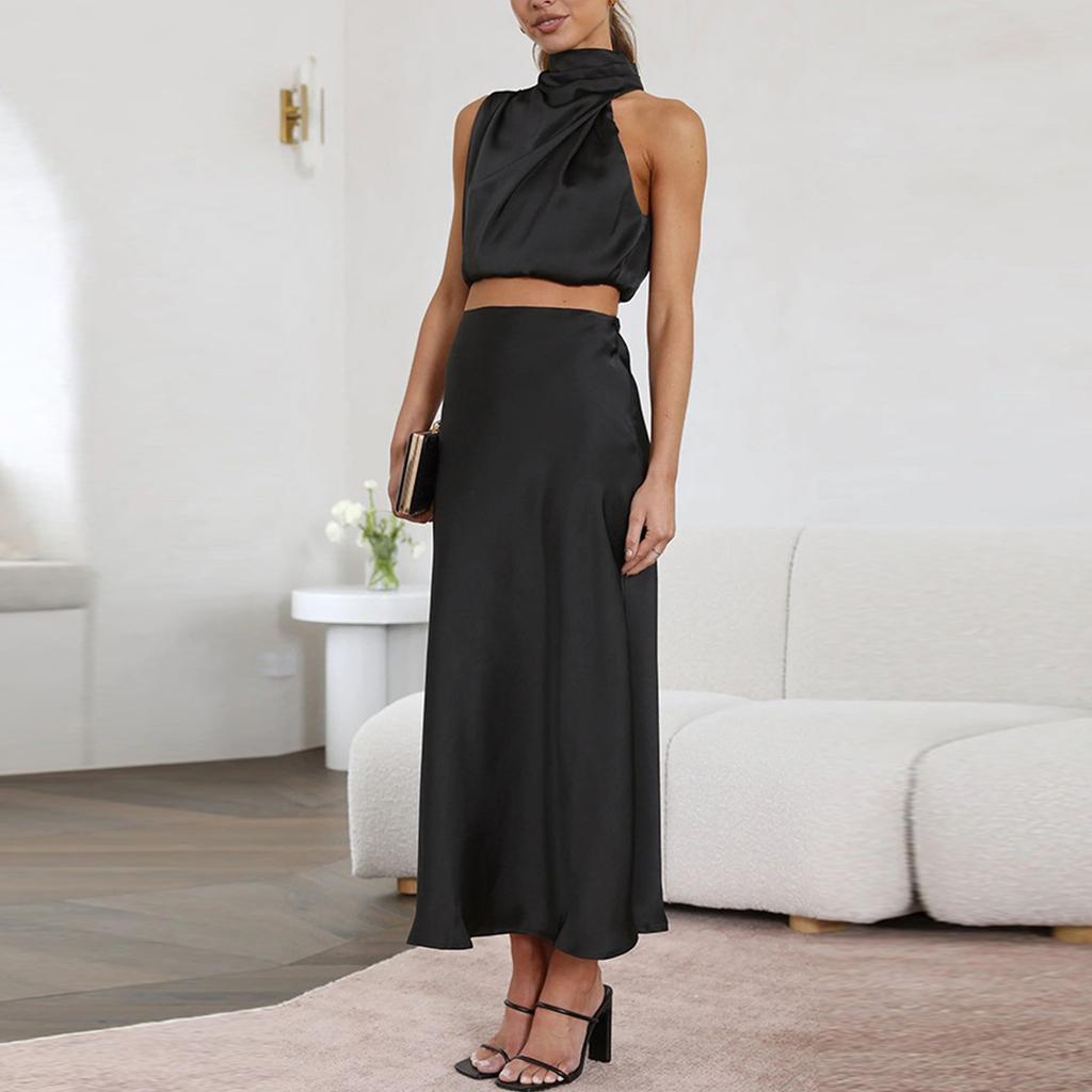 Women's Summer Formal Satin Mock Neck Sleeveless Tank Skirt Two-piece Suit