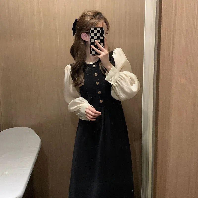 French Chic Long Sleeve A-Line Midi Dress With Built-in Bra Pad High Waist Solid Black Womens Elegant Vintage Style