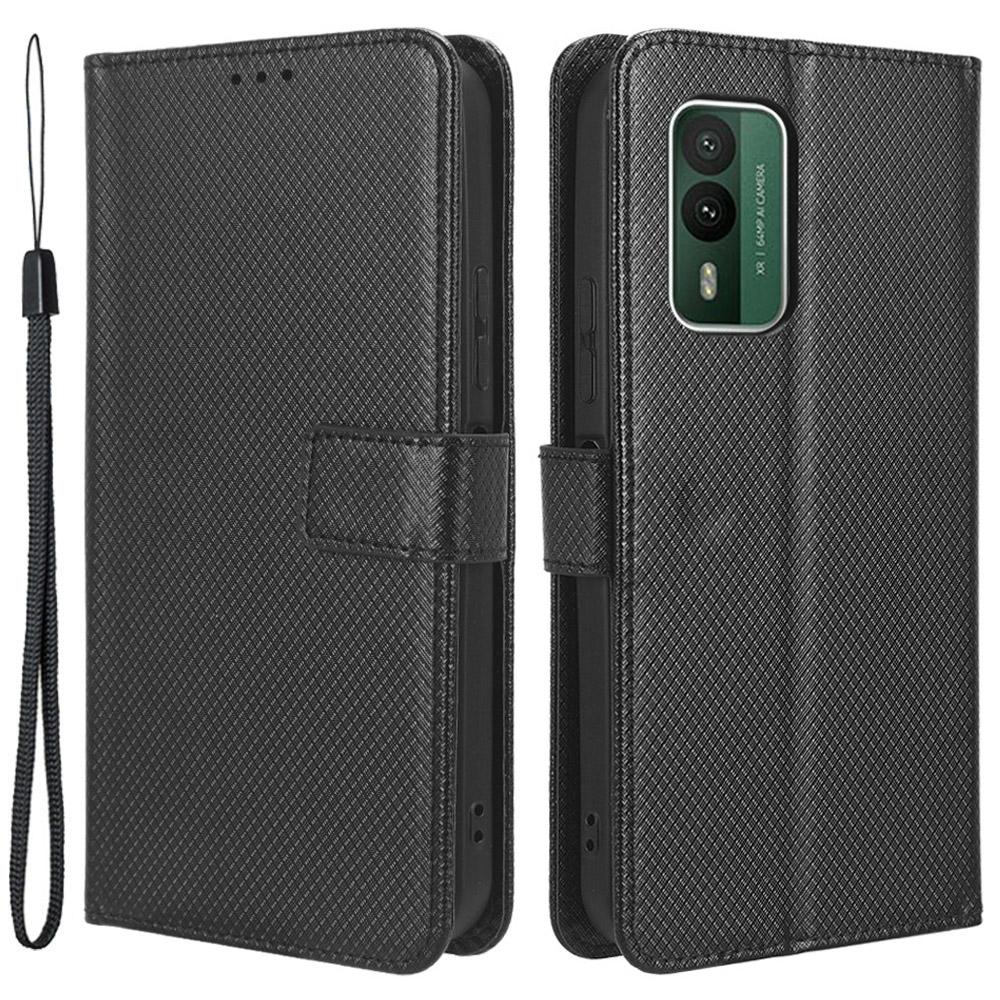 

For Nokia XR21 Shockproof Wallet Phone Case PU Leather Diamond Texture Cover with Stand Black