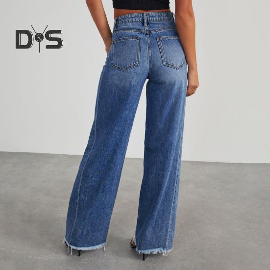 Pantalones vaqueros elásticos de cintura alta para mujer, pantalones vaqueros de pierna ancha, casuales, de pierna recta, con dobladillo deshilachado y bolsillos