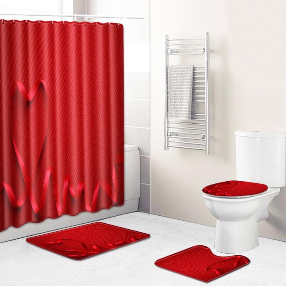 Love Valentine'S Day Shower Curtain Floor Mat Four-Piece Set Bathroom Non-Slip Door Mat Bedroom Carpet