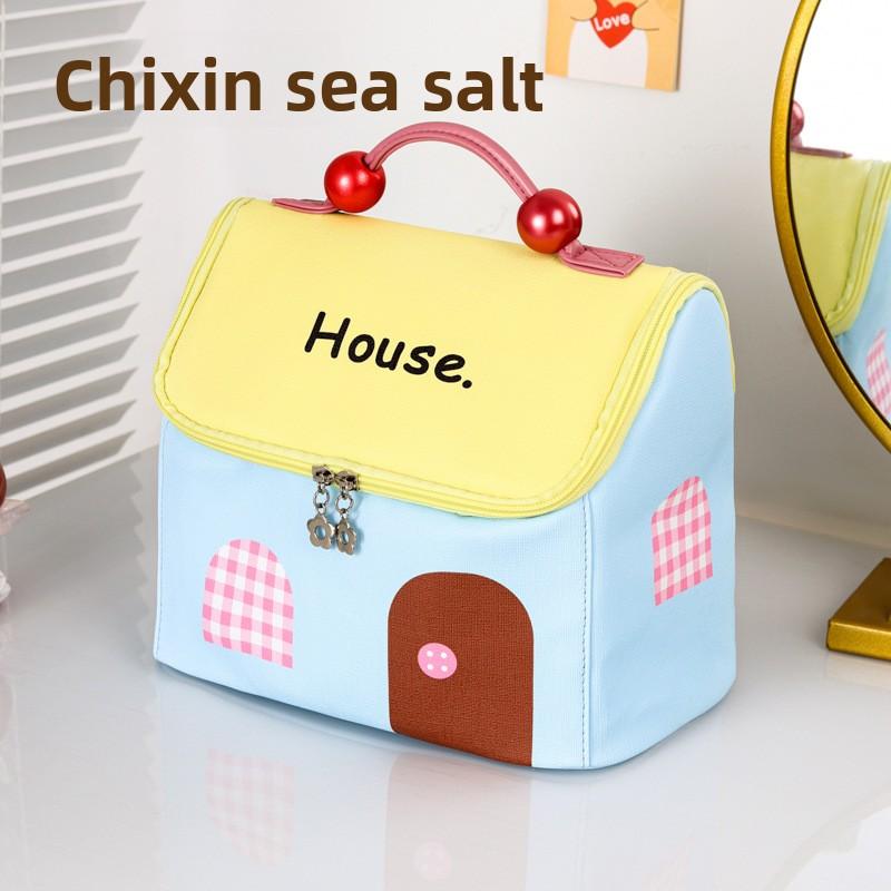 

Женская портативная большая вместимость портативный стиральный пояс ручка маленький дом сумка для хранения макияжа Blue & Yellow