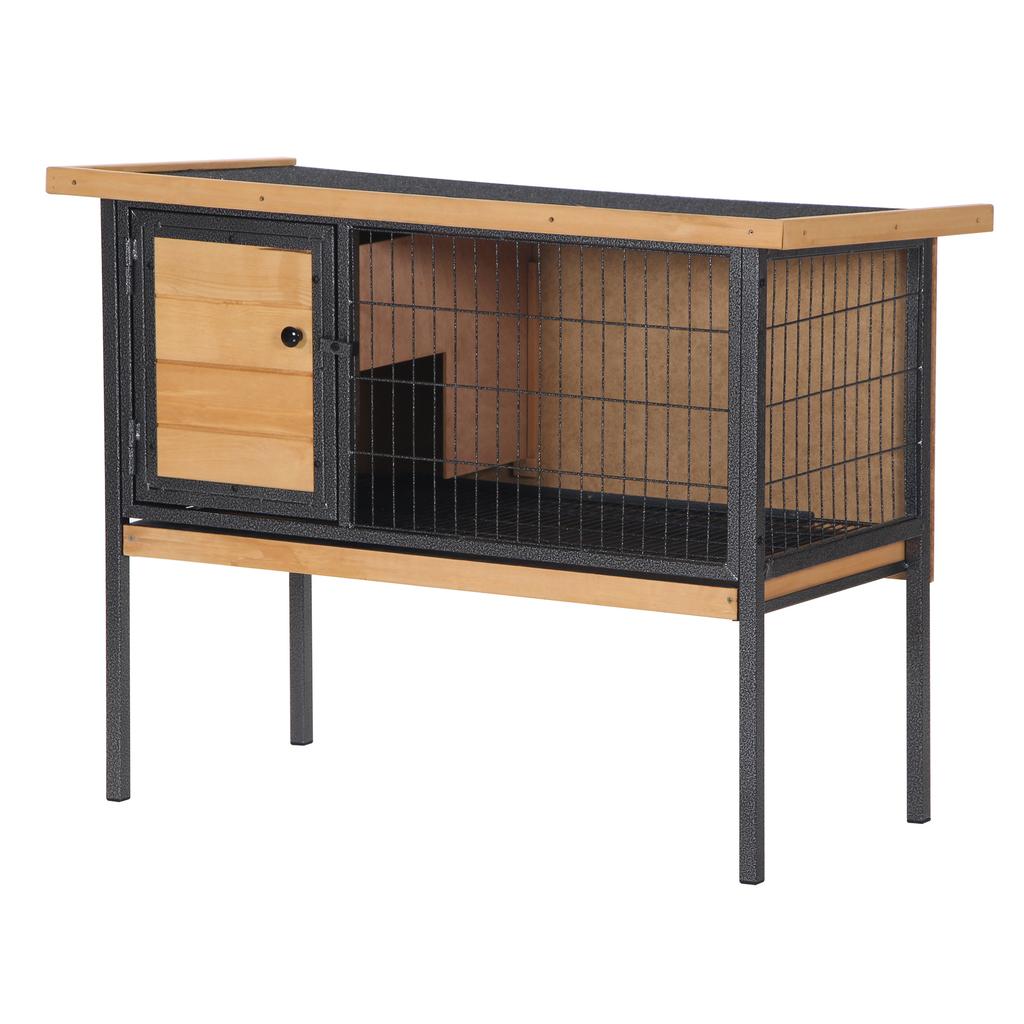 Wooden Rabbit Hutch Guinea Pig Hutch Bunny Cage Metal Frame Elevated Pet House with Slide-Out Tray Lockable Door Openable Roof Natural Wood 91.5 x 45