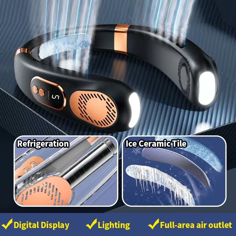 Wireless Neck Fan, Neck Cooling Device, Strong Wind with Silent Operation, Battery Durability, with Light, for Summer Cooling