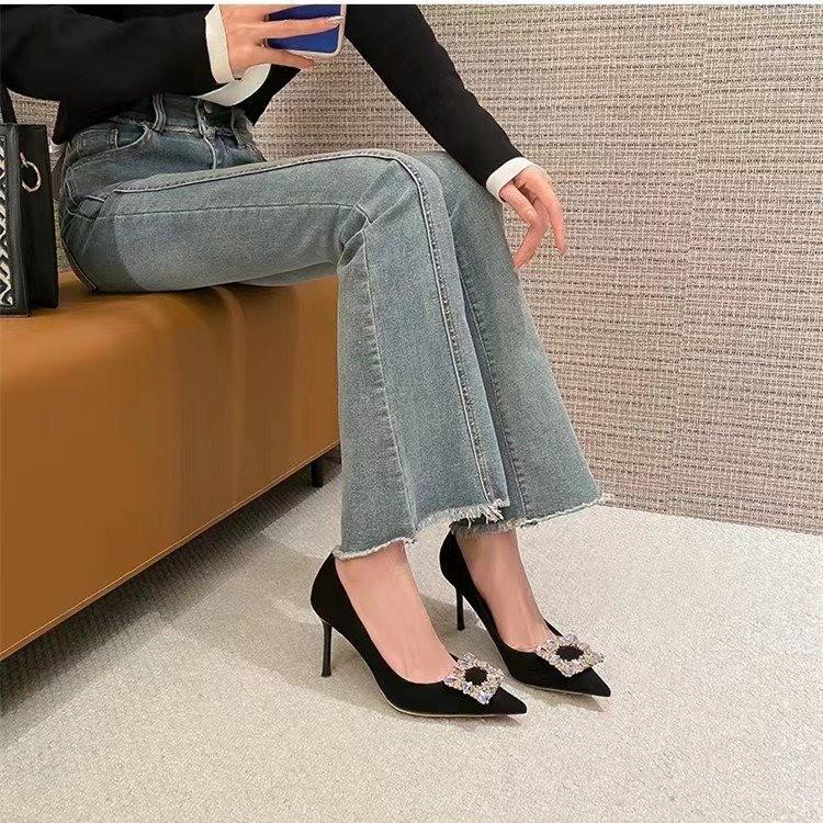 

French pointed rhinestone high heels for women s spring and autumn new thin heel square buckle black suede professional single shoes for women 34