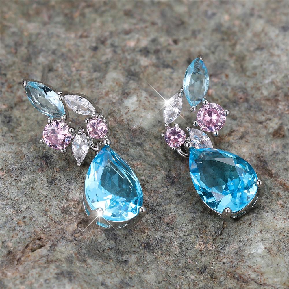 Süße weibliche Kristall-Wasserblau-Zirkonstein-Steckohrringe Silberfarben Hochzeit Für Frauen