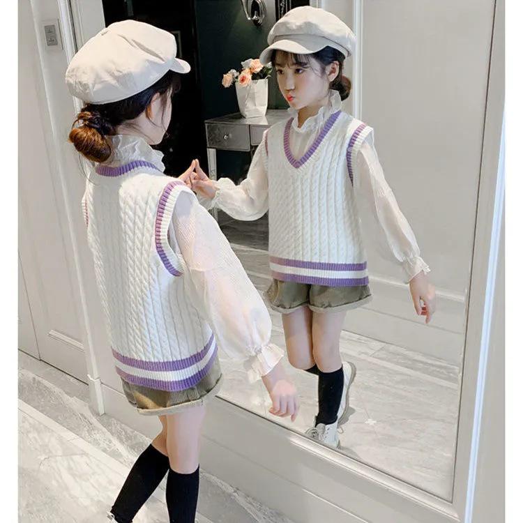 Girls' V-Neck Knitted Vest - Autumn/Winter College Style Fashion for Elementary School Students