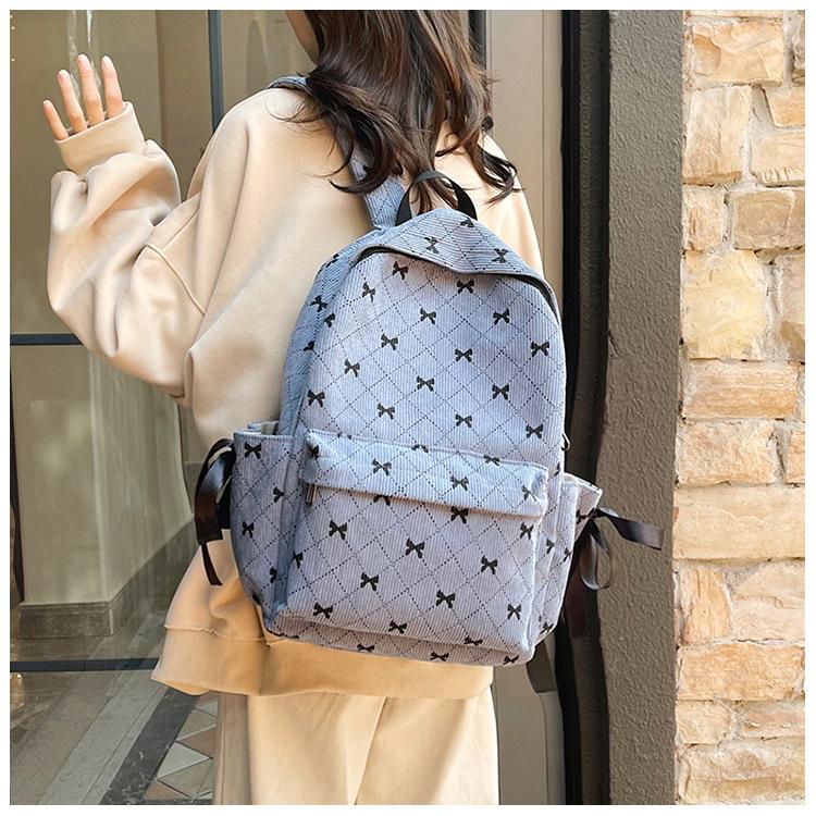 Schoolbag School Bag Female Junior High School College Student Corduroy Backpack Girl Solid Color Printed Velvet Backpack Storage