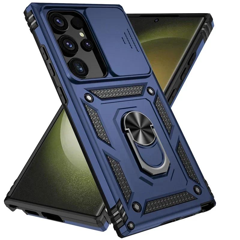 Ring Stand Rotating Slide Camera Lens Military Grade Armor Case For Samsung Galaxy S24 S23 S22 S21 FE S20 Note 20 Ultra A16 A06