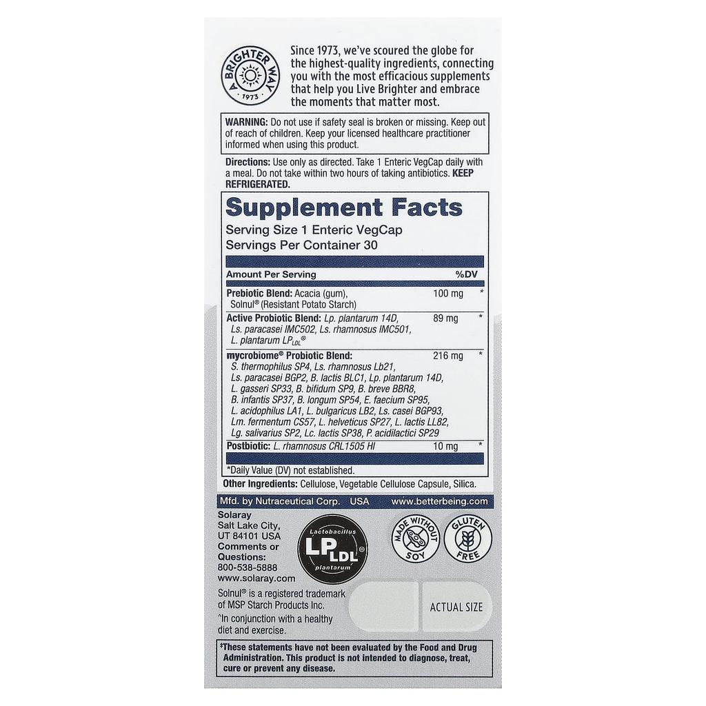 SOLARAY Mycrobiome®, Complete Probiotic, Active, 30 Veggie Capsules