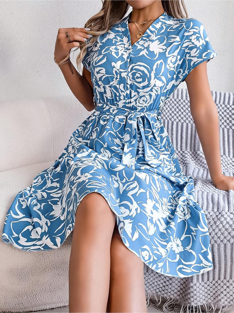 Kleid mit V-Ausschnitt, bedrucktem Knopf, taillenbetontes, elegantes, strähniges Selvedge-Kleid für Damen mit Fledermausärmeln, lockere Kleider, lässiges Kleid