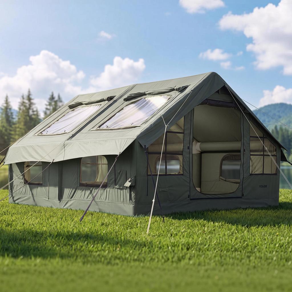 VEVOR Inflatable Tent for Camping 5-8 Person Blow Up Tent with Pump Green, for Family Outdoor Glamping, Waterproof Poly-Cotton
