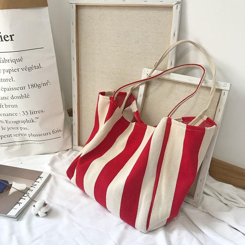 Women's Striped Canvas Bag Shoulder Large Capacity Canvas Tote Bag Simple Small Fresh Tote Bag Fashionable and Versatile