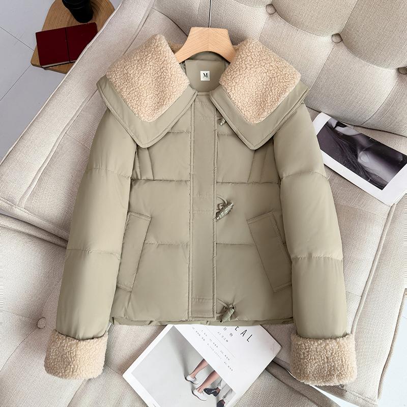 New doll collar contrasting color fashionable splicing horn buckle short cotton coat long sleeve jacket