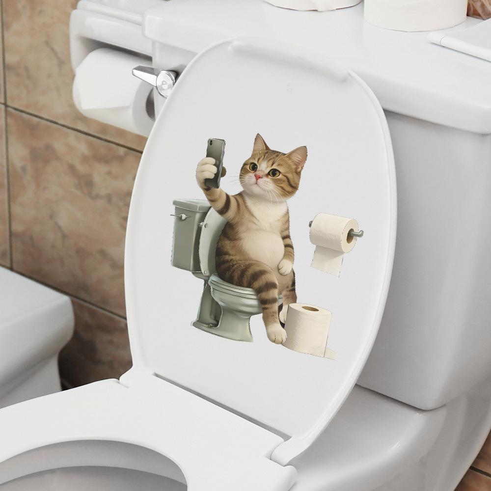 Funny Cat Playing Mobile Phone on Toilet Self Adhesive Wall Sticker Home Bathroom Decor