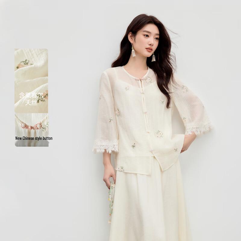 Chinese Style Embroidered Lace Blouse M