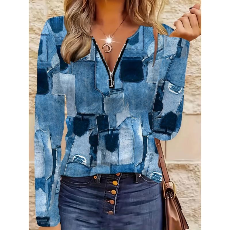 Women's spring and autumn fashionable long-sleeved zipper T-shirt - 3D full body digital printing design party wear