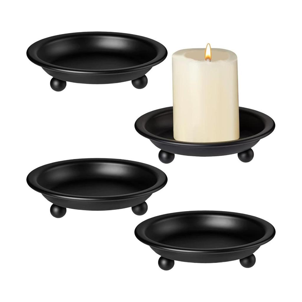 4 Pieces Matte Black Iron Candle Plate Decorative Wedding Saucer Style Candle Holder Tray Metal Pedestal Candle Stand for Spa Table Centerpiece