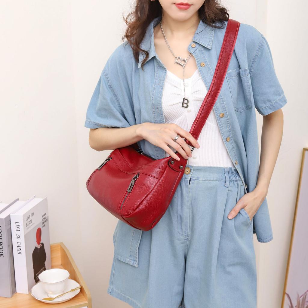 Dropped Pattern First Layer Cowhide Women Single Shoulder Crossbody Simple Multi-Compartment Dumpling Bag Large Capacity Aunt Mother Bag