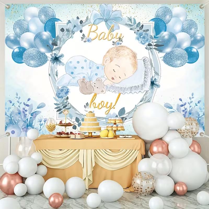 2D Baby Boy Watercolor Backdrop Blue Floral & Balloon Gender Reveal Photo Background