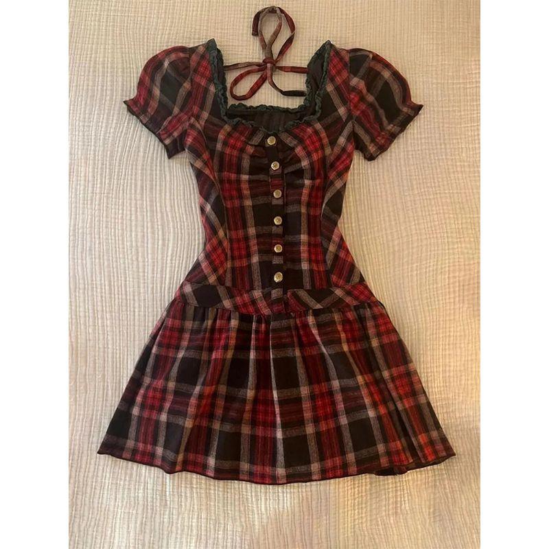 Special-Interest Design Retro Plaid Square Collar Lace up Short Sleeve Dress Women's Summer 2025 New Arrival Tight Waist Slim Looking Skirt