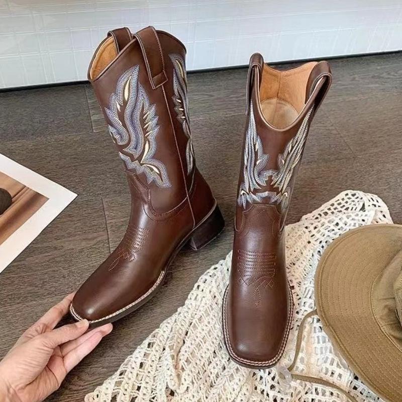 Fashion Middle Heel Leather Square Toe Spring Autumn Ladies Mid Calf Shoes 2025 Novelty Designer Luxury Elegant Women's Half High Boots