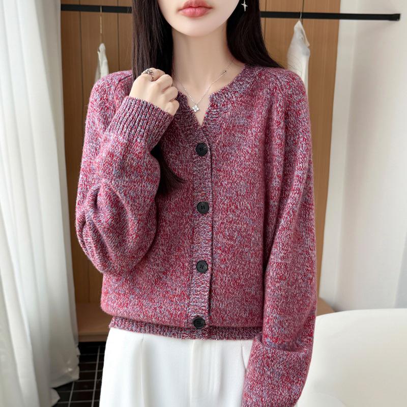 Autumn/Winter Pure Wool Thick V-Neck Long Sleeve Heather Yarn Cardigan Sweater