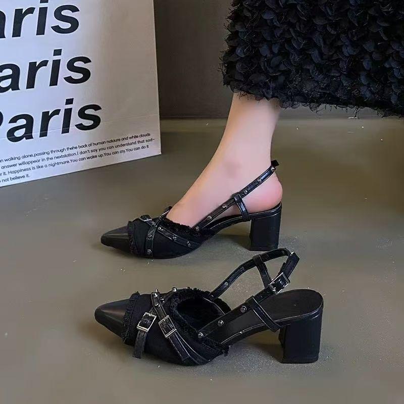 High heels, black temperament bag head sandals, French popular thick heel slippers, design sense single shoes 2025 spring and summer new models