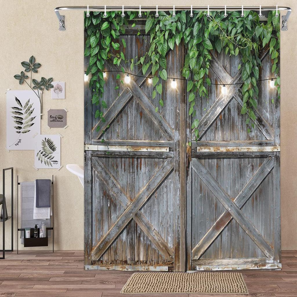 Rustic Wooden Barn Door With Vines And Lights Pattern Waterproof Shower Curtain 180X200Cm Farmhouse Style Bath Home Decor