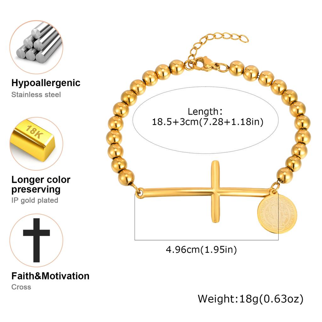 Vnox Heilige Maria St. Benedikt Kreuz Armband für Damen, Edelstahl Goldfarbe Perlenketten Armbänder, Christus Gebets Schmuck