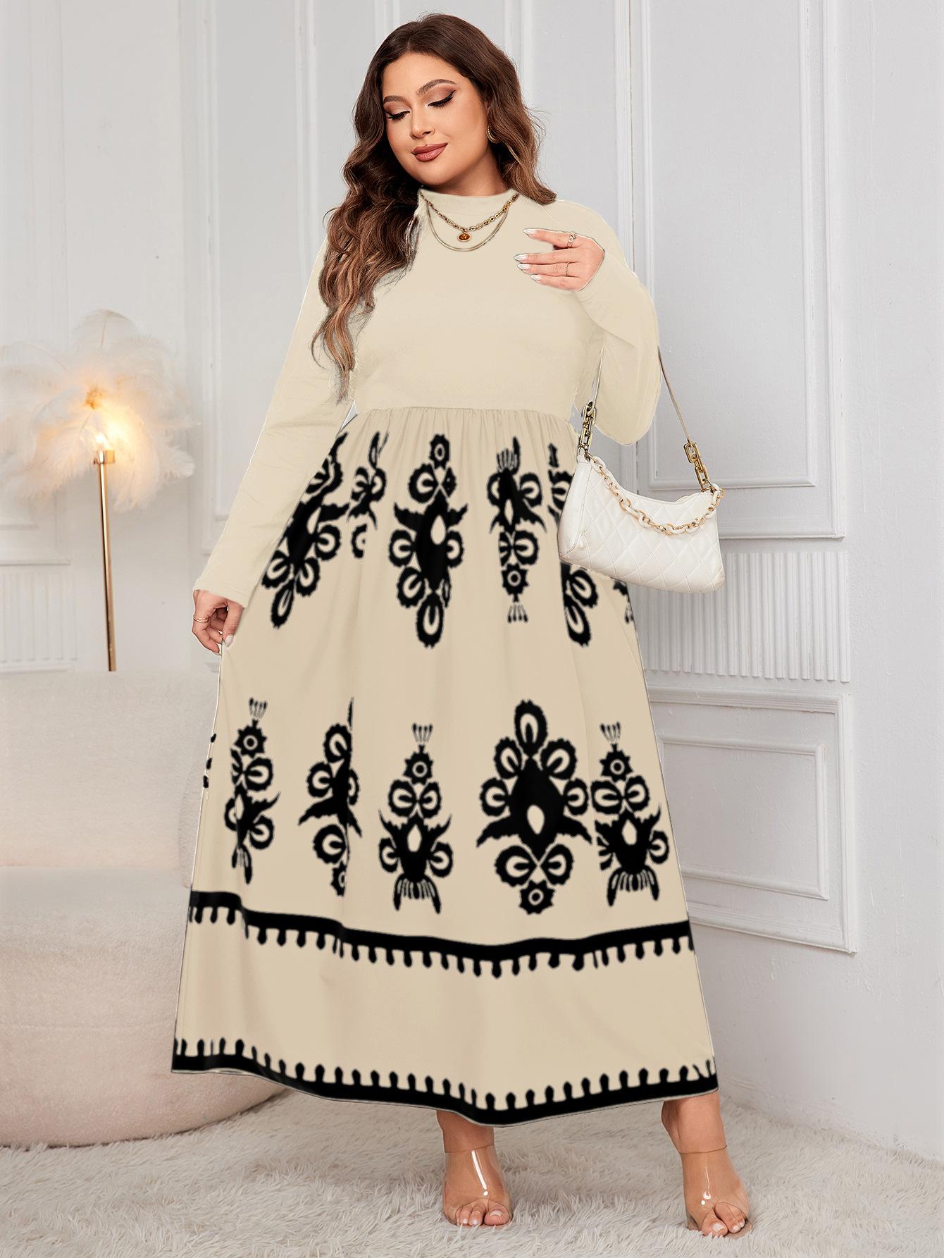 Amazon high-waisted dress autumn new black printed long dress European and American plus size loose long-sleeved dress XL абрикосовый
