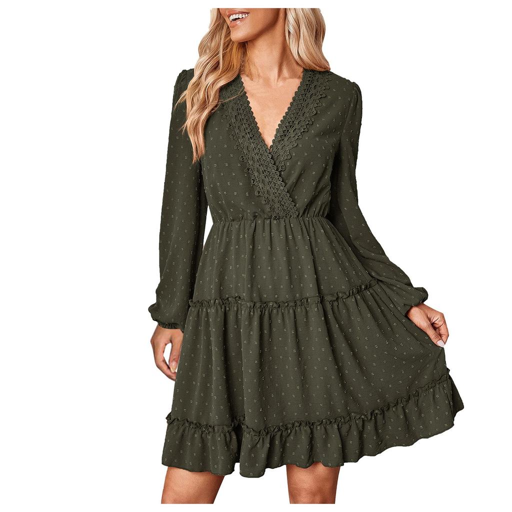 Vestido con cuello en V de manga larga y temperamento informal a la moda para mujer