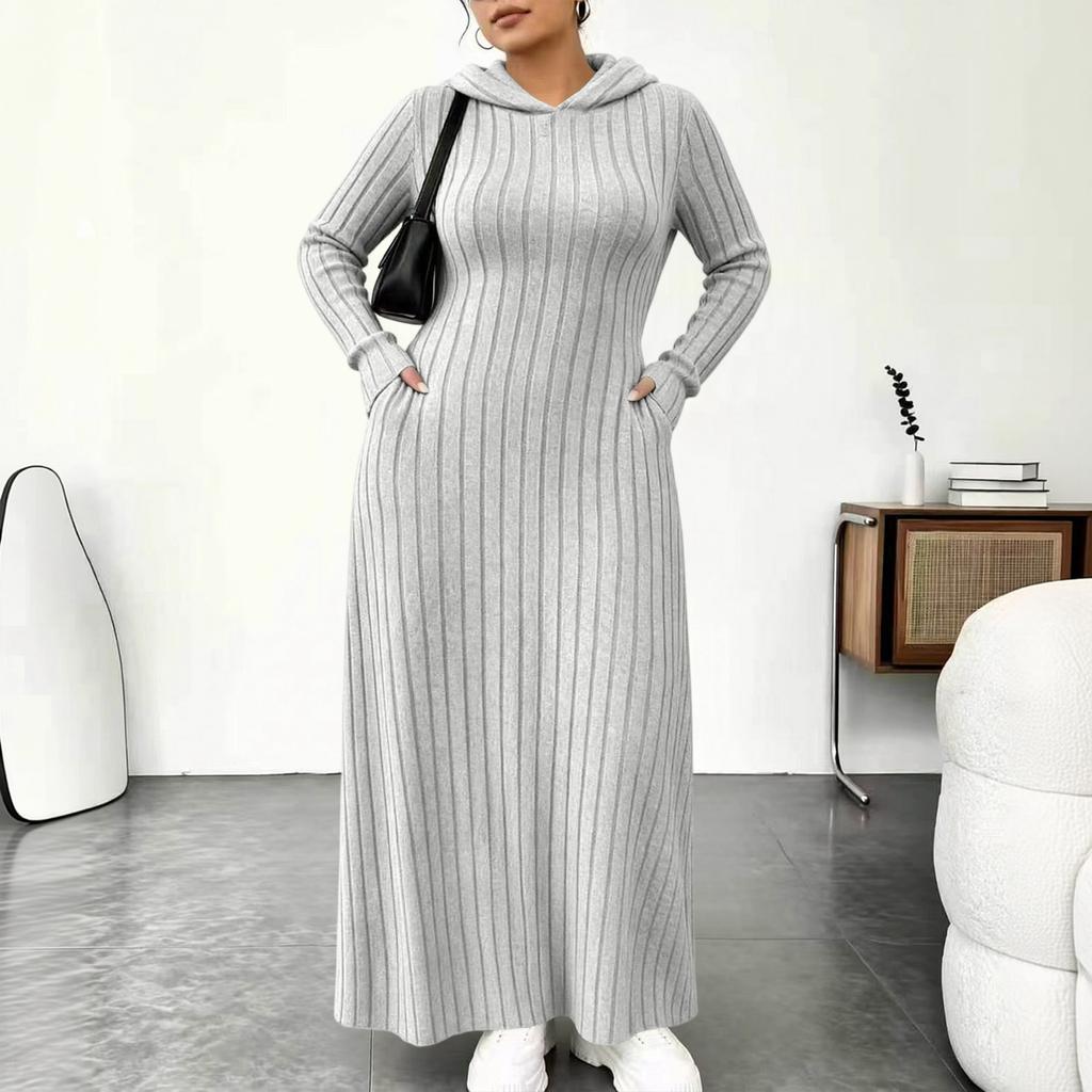 Women's Fashion Color Hooded Ribbed Dress with Slim Fit Cinched Waist and Pockets