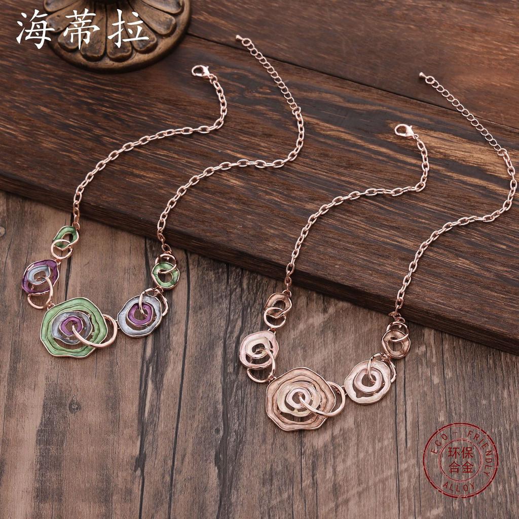 New Color Painting Oil Geometric Ring Flower Necklace, Fashionable and High-end Hollow Line Women's Neck Chain