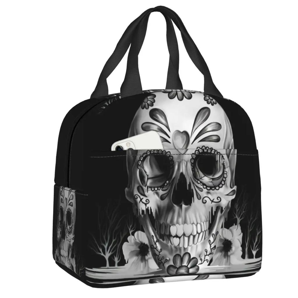 Navy Fade Victorian Lace Skull Resuable Lunch Box Multifunction Mexican Day Of The Dead Thermal Cooler Food Insulated Lunch Bag